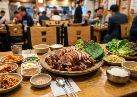 jokbal name meaning Korean restaurant table with jokbal and side dishes