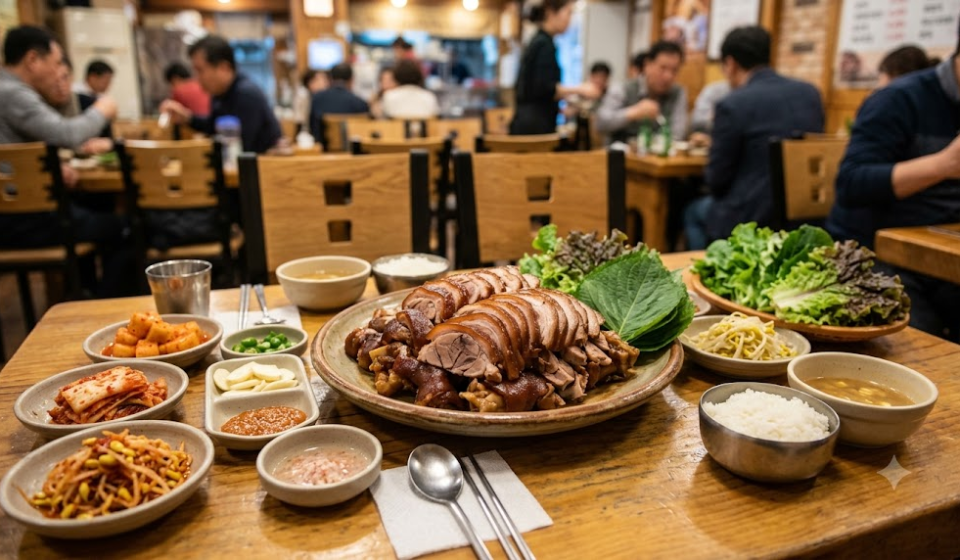 jokbal name meaning Korean restaurant table with jokbal and side dishes