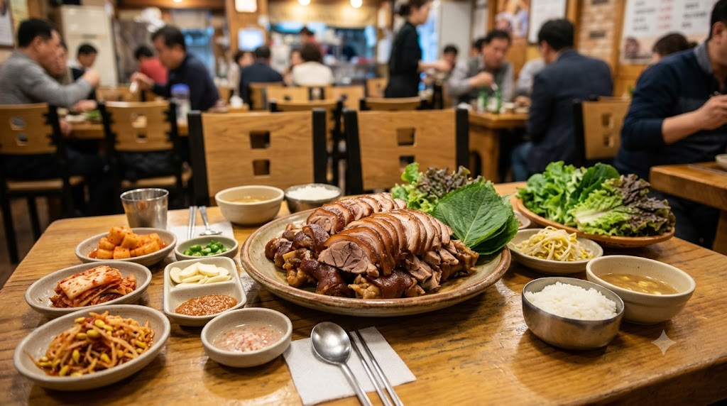 jokbal name meaning Korean restaurant table with jokbal and side dishes