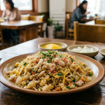 Crab meat fried rice meaning, a bowl of crab meat fried rice on a Chinese restaurant table
