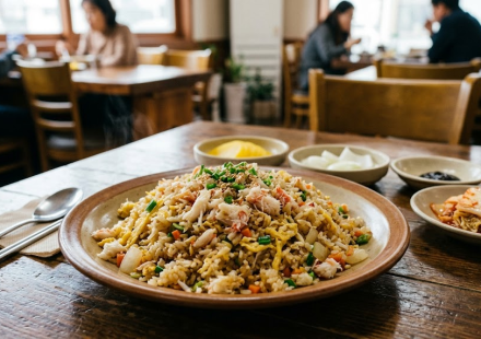 Crab meat fried rice meaning, a bowl of crab meat fried rice on a Chinese restaurant table
