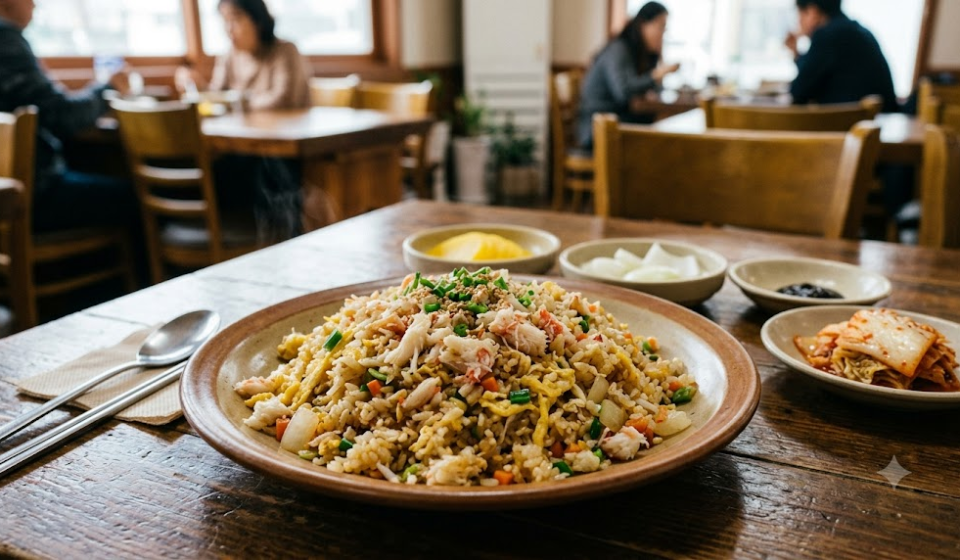 Crab meat fried rice meaning, a bowl of crab meat fried rice on a Chinese restaurant table