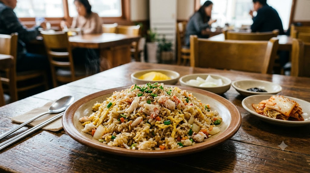 Crab meat fried rice meaning, a bowl of crab meat fried rice on a Chinese restaurant table