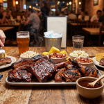 barbecue name meaning restaurant table with barbecue ribs chicken and a meat platter