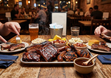 barbecue name meaning restaurant table with barbecue ribs chicken and a meat platter