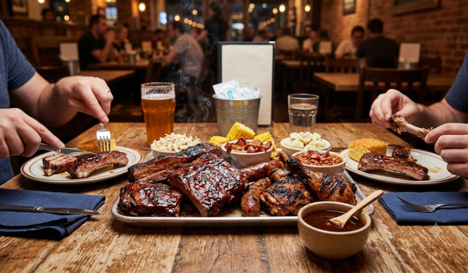 barbecue name meaning restaurant table with barbecue ribs chicken and a meat platter