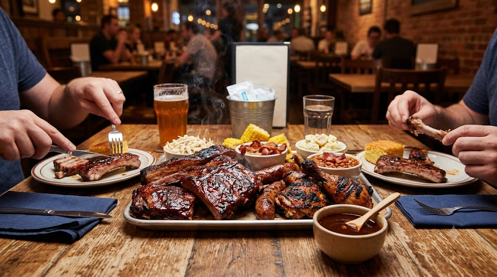 barbecue name meaning restaurant table with barbecue ribs chicken and a meat platter