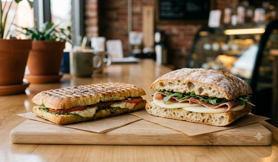 Panini name meaning with panini and ciabatta sandwiches displayed side by side in a cafe