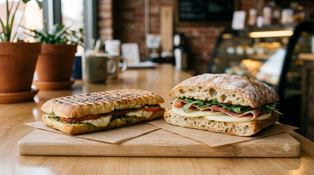 Panini name meaning with panini and ciabatta sandwiches displayed side by side in a cafe