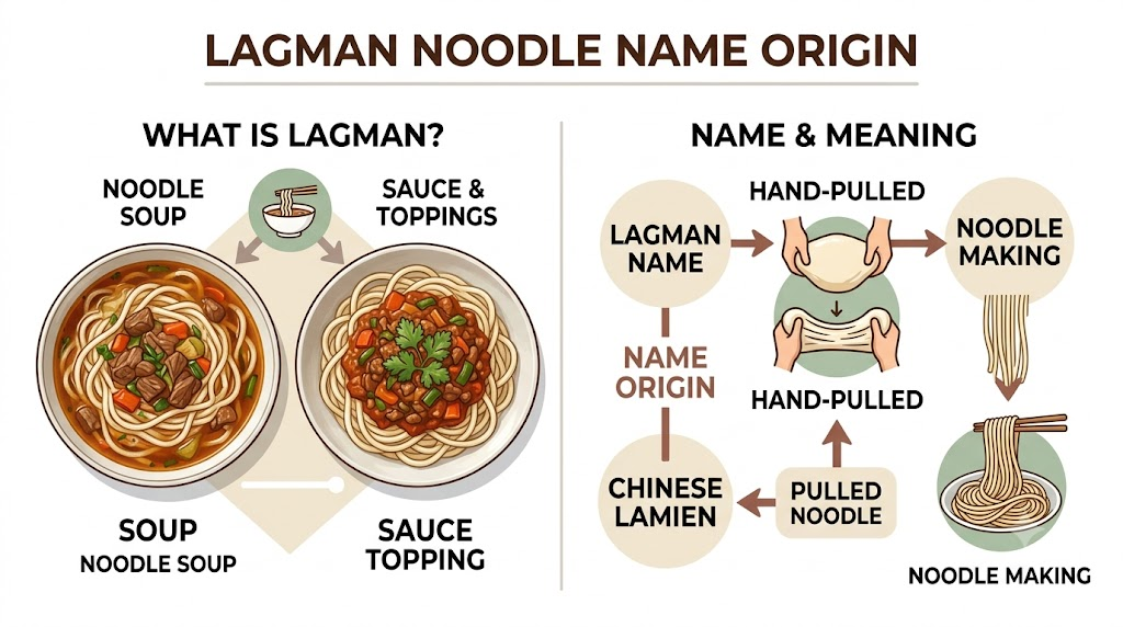 Lagman name meaning: an illustration showing dough stretched by hand and its connection to lagman noodles