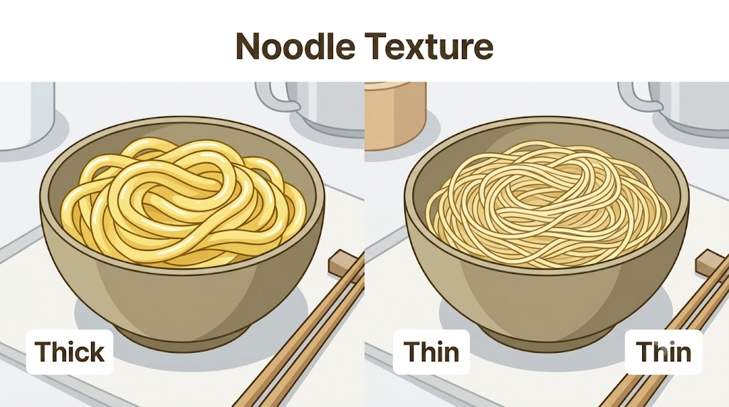Comparison of thick chewy jjolmyeon noodles and thin bibim guksu noodles