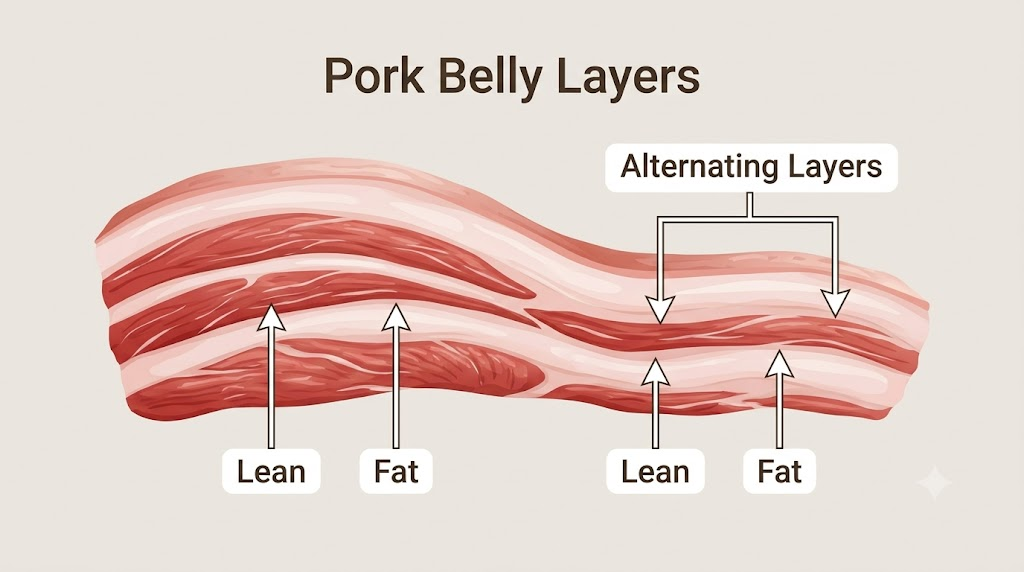 samgyeopsal name meaning infographic showing lean meat and fat layers in a pork belly cross section