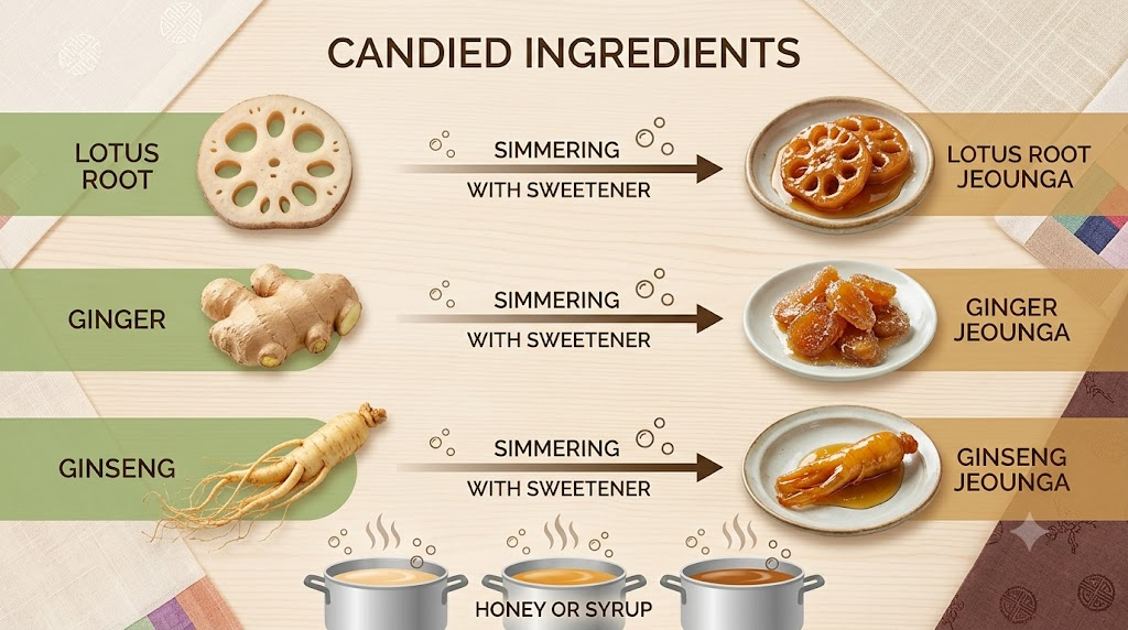 Jeonggwa name meaning illustration showing lotus root, ginger, and ginseng becoming sweet simmered jeonggwa