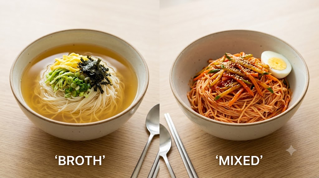 Comparison of janchi guksu in broth and bibim guksu mixed with seasoning