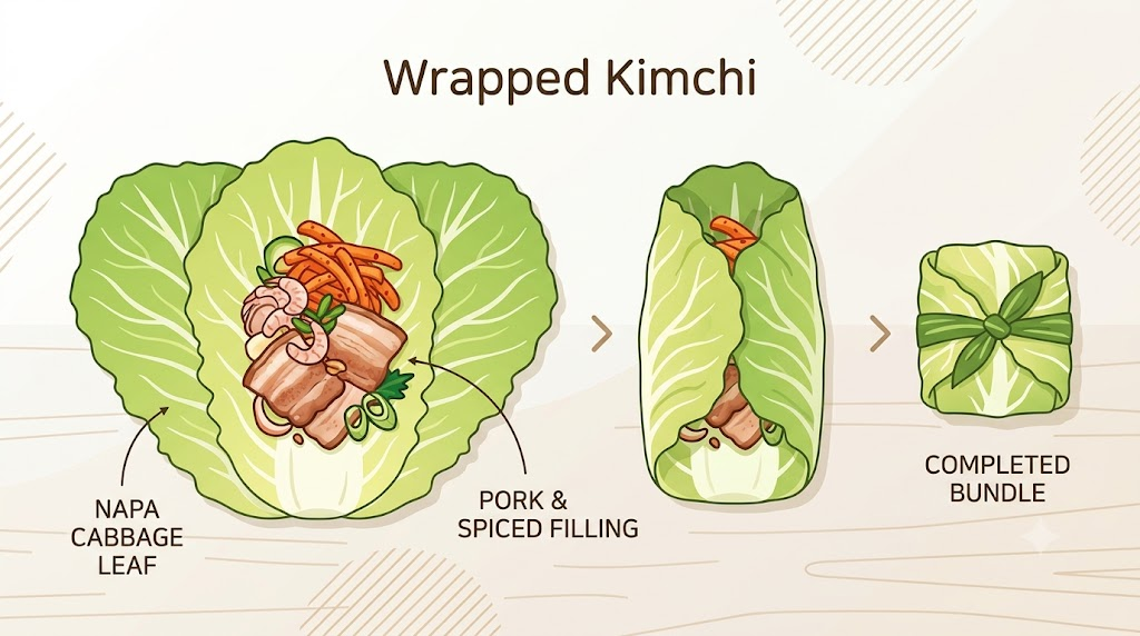 Bossam name meaning shown through the structure of bossam kimchi, with various ingredients wrapped in napa cabbage like a bundle