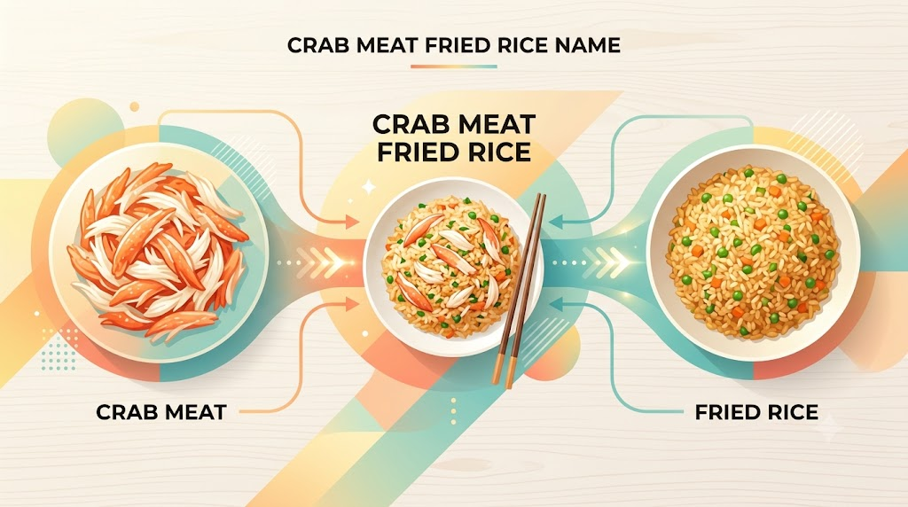 Crab meat fried rice meaning, an explanatory image showing crab meat and fried rice combined in the food name