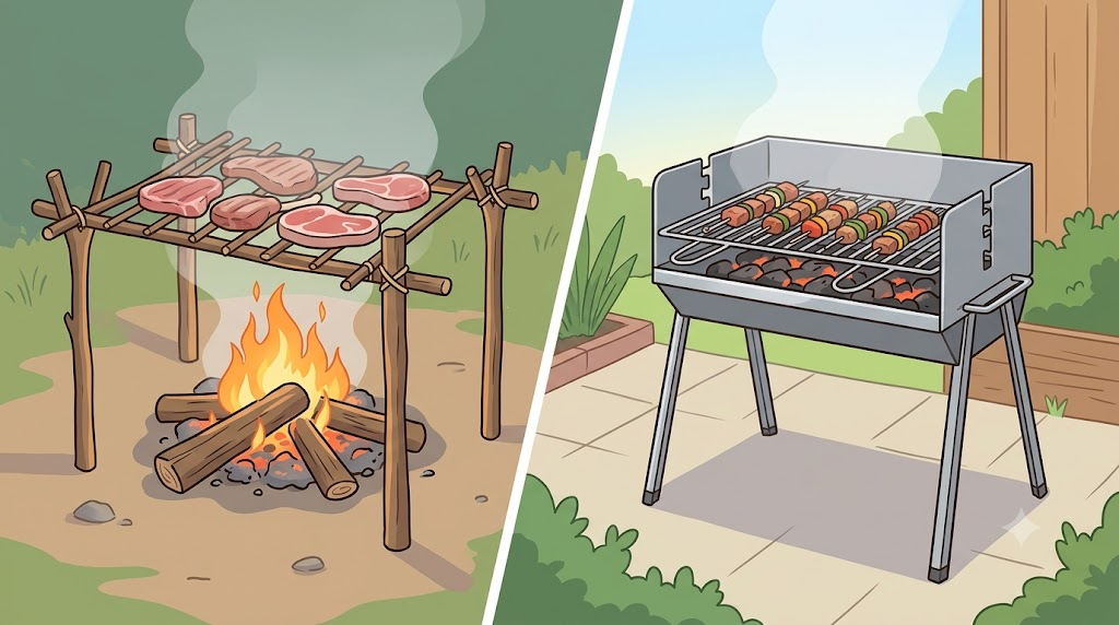 barbecue name meaning illustration of an early barbecue cooking rack over a fire