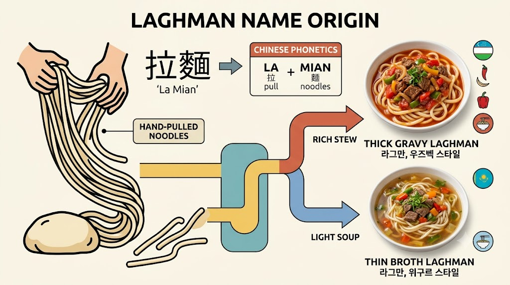 Lagman name meaning: brothy lagman and stir-fried lagman shown side by side