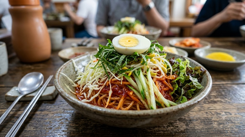 Spicy mixed noodles topped with cucumber, vegetables, and boiled egg