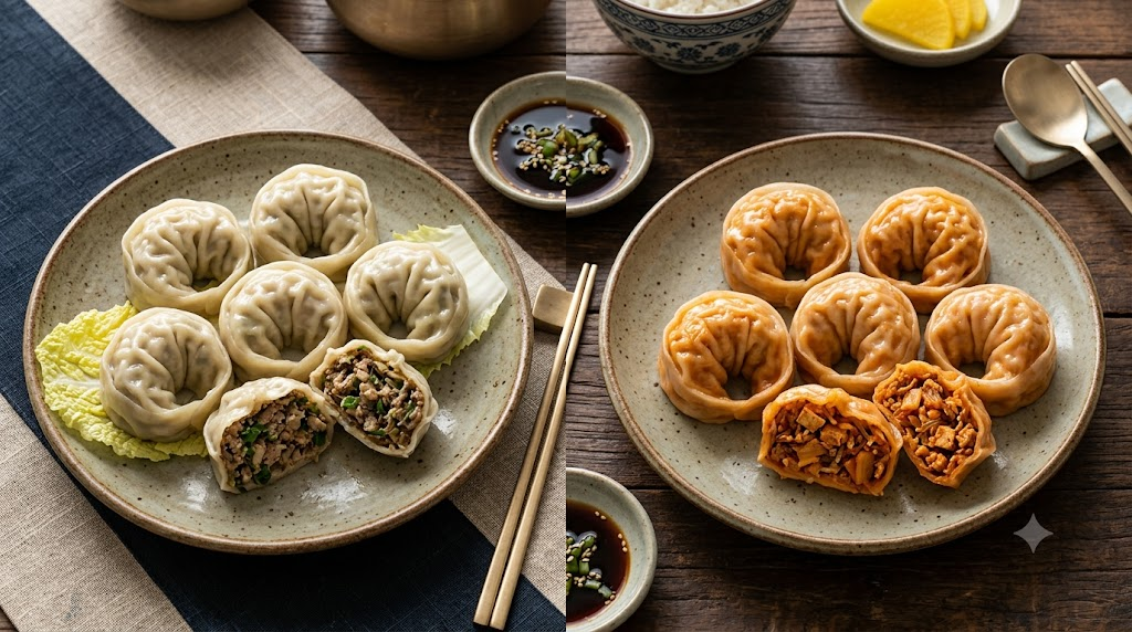 meat mandu name meaning two plates showing differences between meat mandu and kimchi mandu fillings