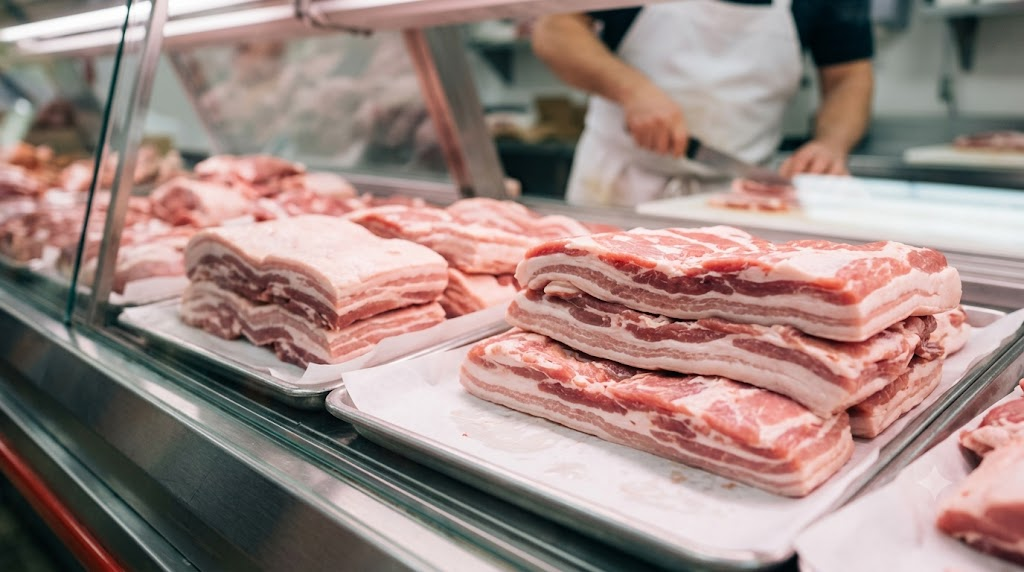 samgyeopsal name meaning cross section of fresh pork belly displayed at a butcher counter