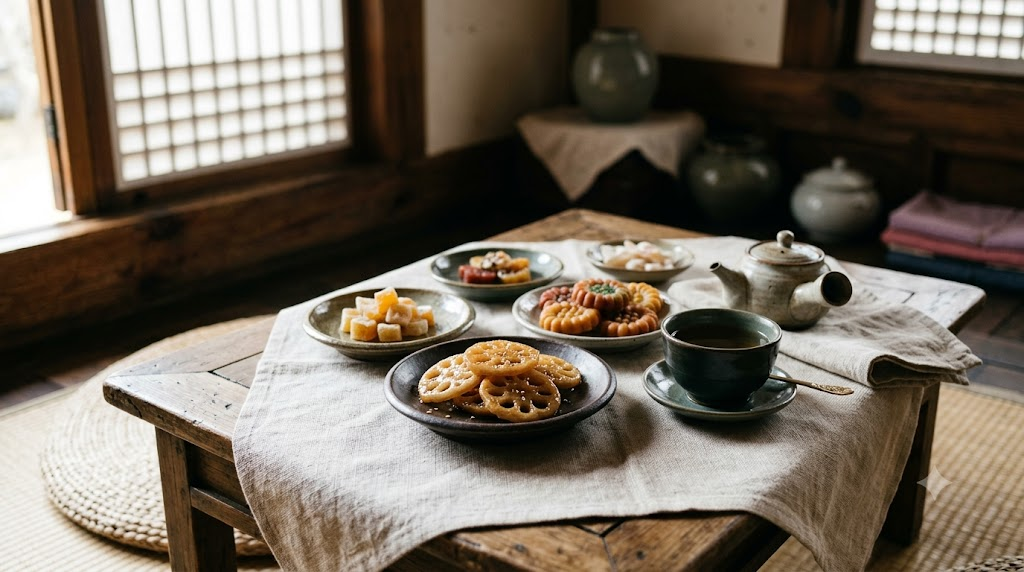 Jeonggwa name meaning with jeonggwa served beside tea on a traditional refreshment table