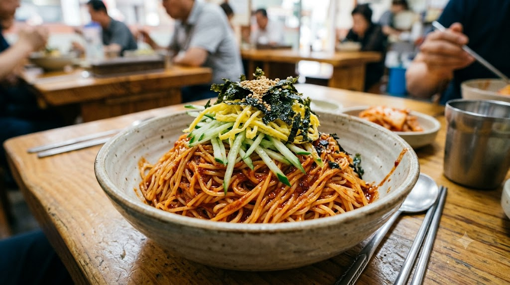 Bibim guksu with noodles mixed in red seasoning and vegetables