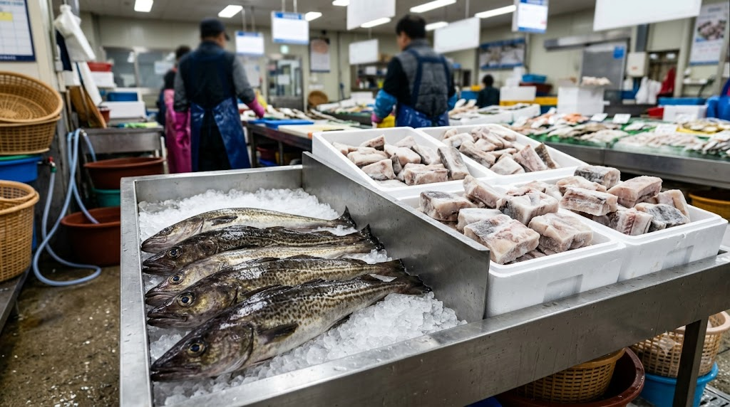 Dongtaetang meaning, a seafood counter where fresh and frozen pollock can be compared