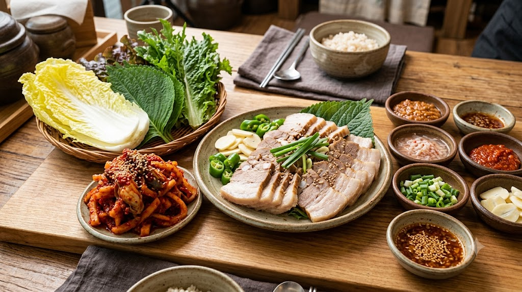 Bossam name meaning shown through a modern bossam spread with boiled pork, kimchi, napa cabbage, and seasonings