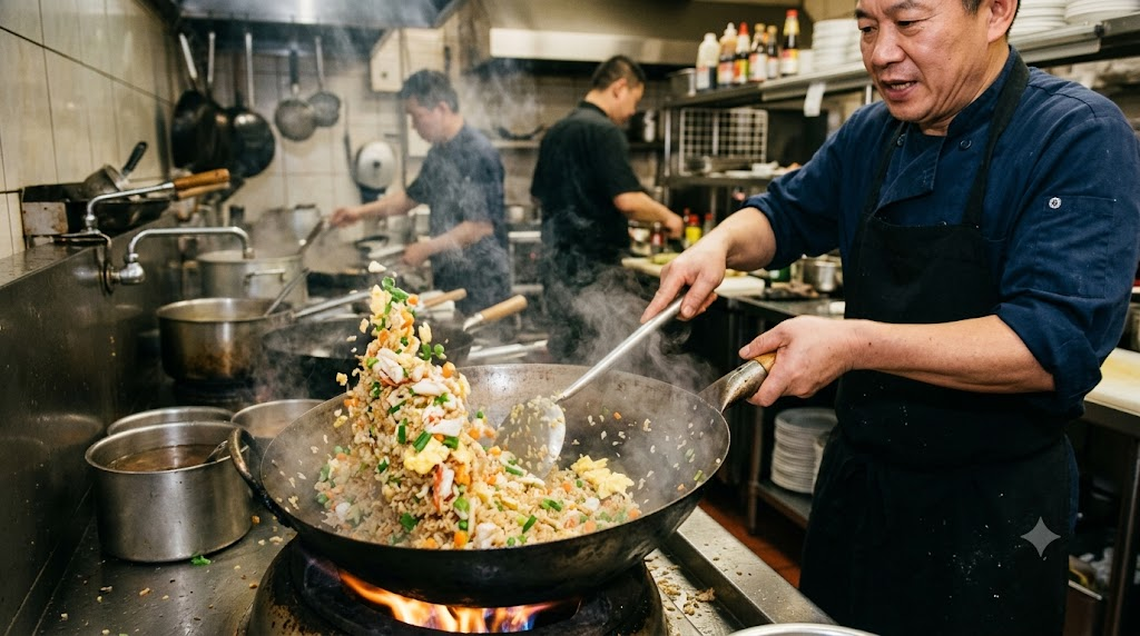 Crab meat fried rice meaning, fried rice being cooked in a wok with crab meat and egg