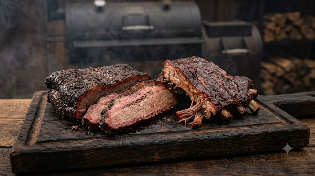 barbecue name meaning smoked brisket and barbecue ribs served together