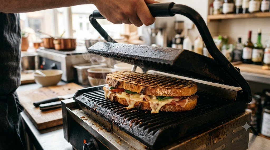 Panini name meaning shown through a cafe kitchen scene with a panini being pressed and grilled