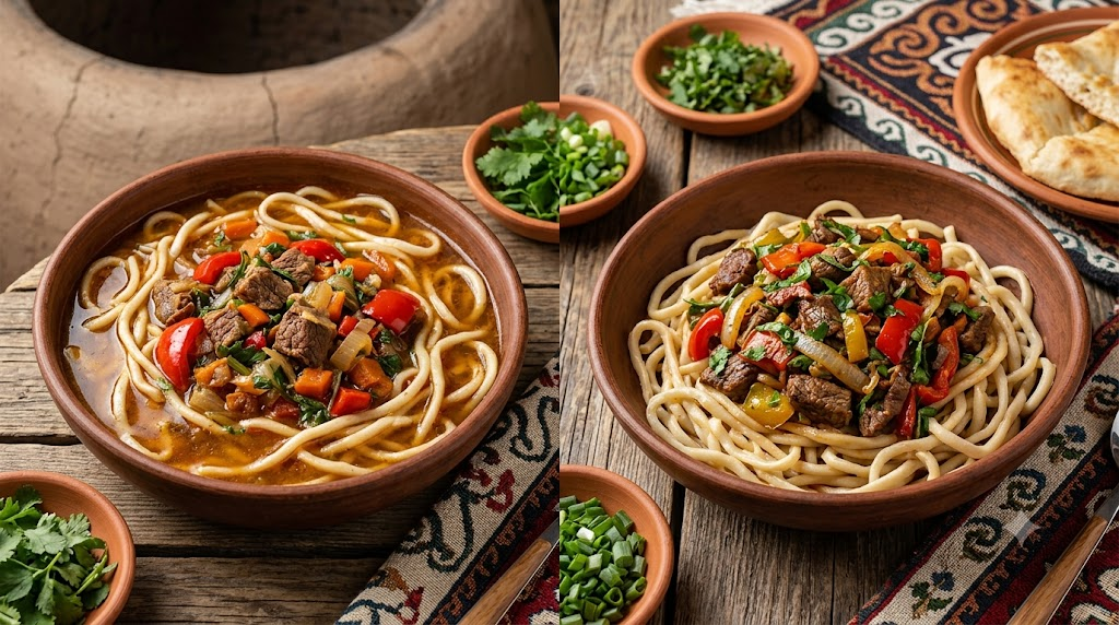 Lagman name meaning: an illustration comparing three lagman forms based on noodle making and cooking method
