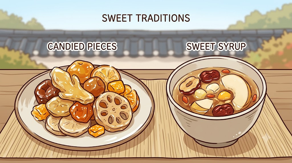 Jeonggwa name meaning illustration comparing sweet simmered jeonggwa pieces with a drink containing sweet liquid