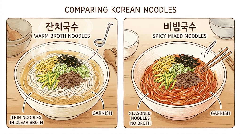 Illustration comparing two noodle dishes with similar toppings but different broth and mixing styles