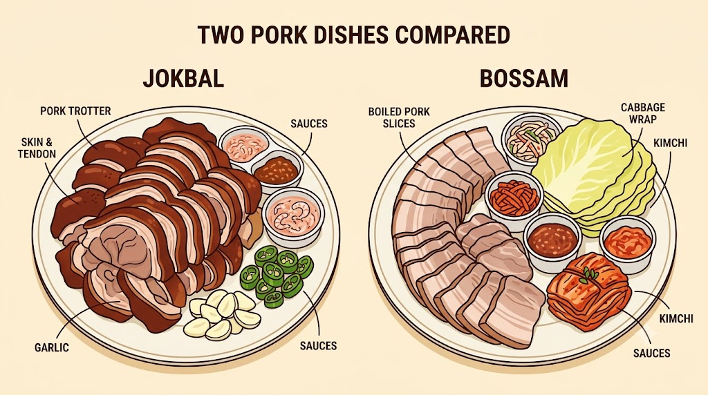 jokbal name meaning illustration comparing the ingredients and serving styles of jokbal and bossam