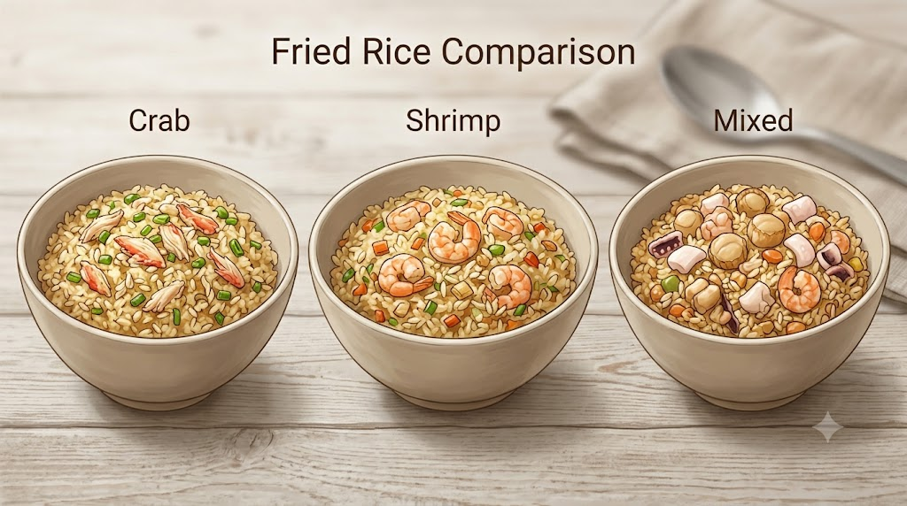 Crab meat fried rice meaning, illustration comparing crab meat fried rice, shrimp fried rice, and fried rice with several ingredients