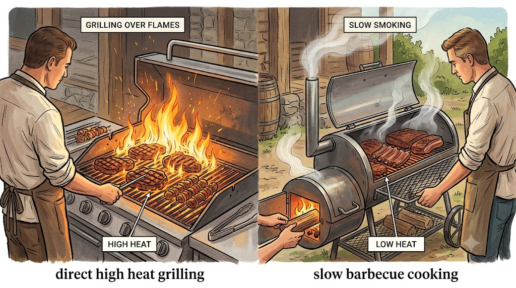 barbecue name meaning illustration comparing direct grilling and low heat barbecue cooking