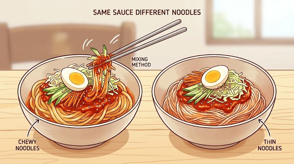 Two mixed noodle dishes with similar sauce and toppings but different noodle types