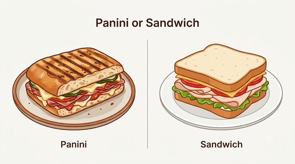 Panini name meaning illustrated by comparing a grilled panini with a regular sandwich