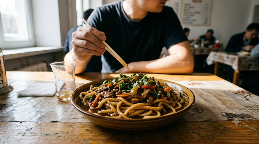 Lagman name meaning: a dining scene with lagman and other foods at a Central Asian restaurant