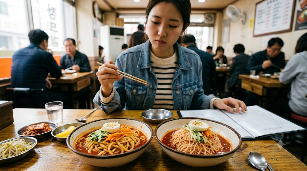 Choosing between jjolmyeon and bibim guksu based on the type of noodles