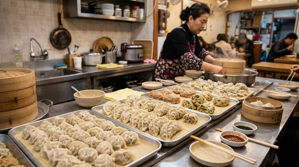 meat mandu name meaning several types of mandu displayed together at a bunsik shop
