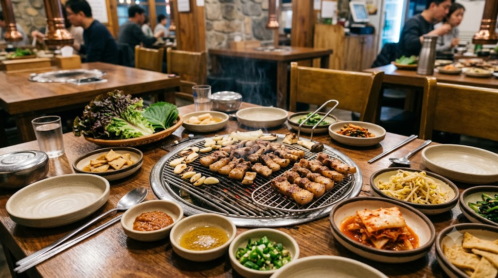 samgyeopsal name meaning Korean barbecue table with samgyeopsal and lettuce wraps