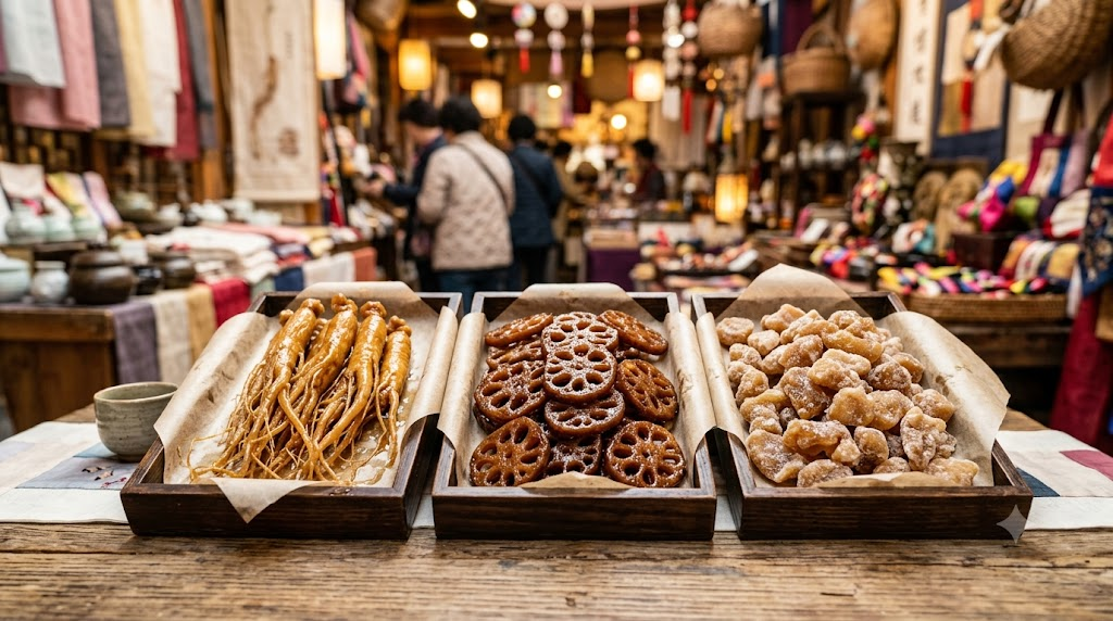 Jeonggwa name meaning with several jeonggwa products of different ingredients and textures compared in a holiday gift section