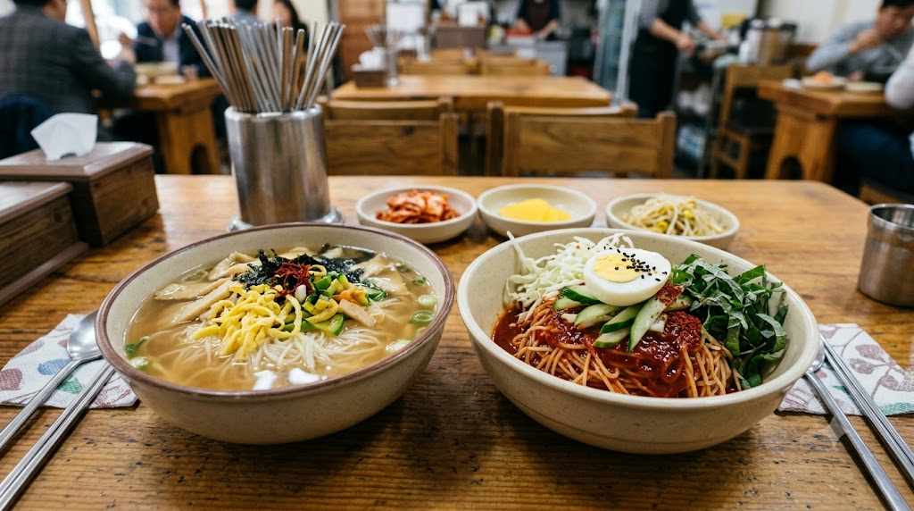 Janchi guksu and bibim guksu served together with a clear difference in broth