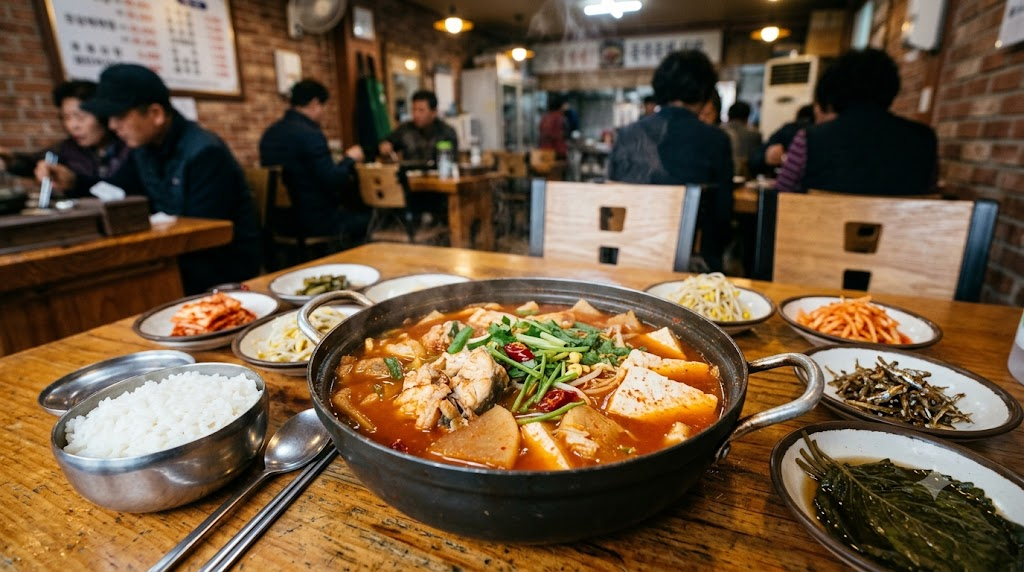 Dongtaetang meaning, a winter restaurant table with a soup centered on dongtae and side dishes