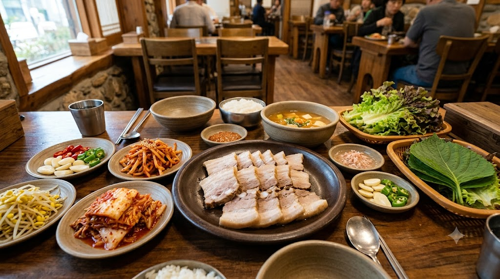 Bossam name meaning shown through a bossam set meal with pork, kimchi, napa cabbage, and side dishes