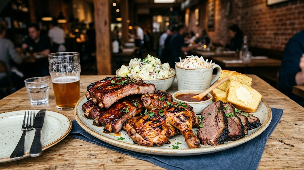 barbecue name meaning platter with barbecue ribs chicken and smoked meat
