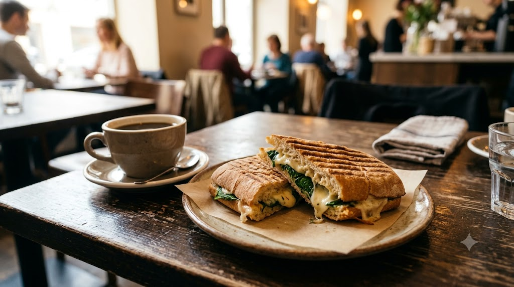 Panini name meaning shown through a warm panini served with coffee on a cafe table